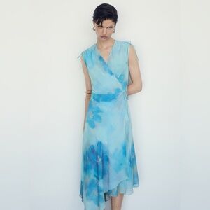 Mango blue print wrap dress NWT